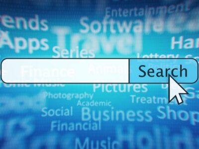 Search and SEO on blue background